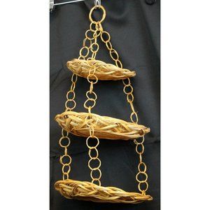 Vtg Boho Tan Beige Woven Bamboo 3 Tiered 19" Hanging Fruit Kitchen Plate Basket